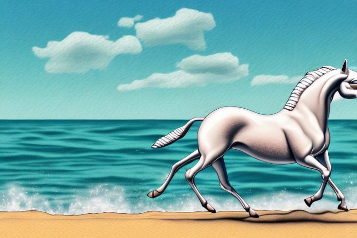 A cleveland bay horse galloping on a beach in mossel bay