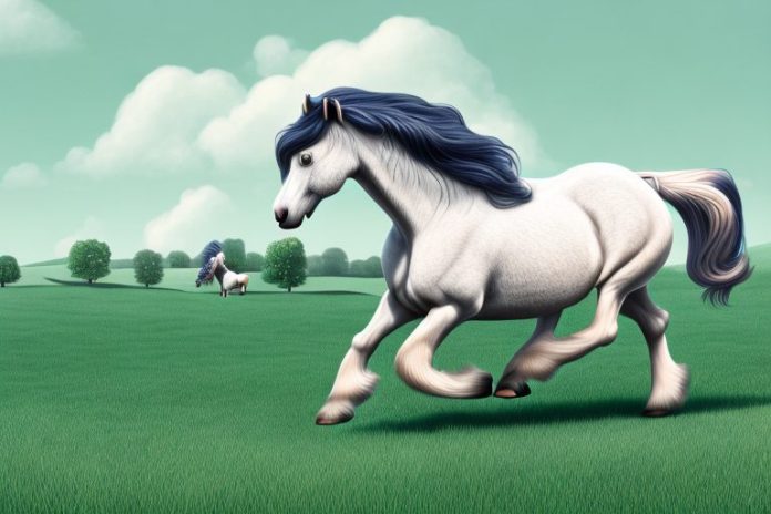 A majestic shire horse galloping through a rural landscape