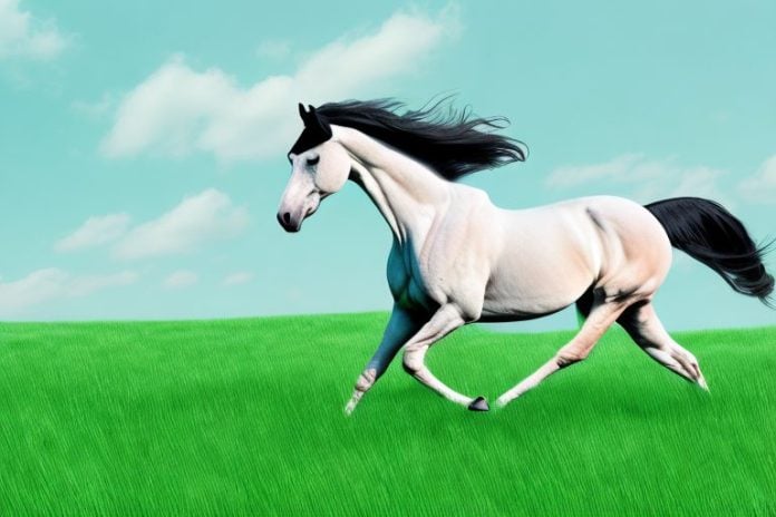 A trakehner horse galloping through a grassy field