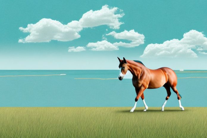 A trakehner horse in a field with margate's coastline in the background