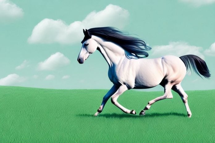 A trakehner horse galloping in a field in westville