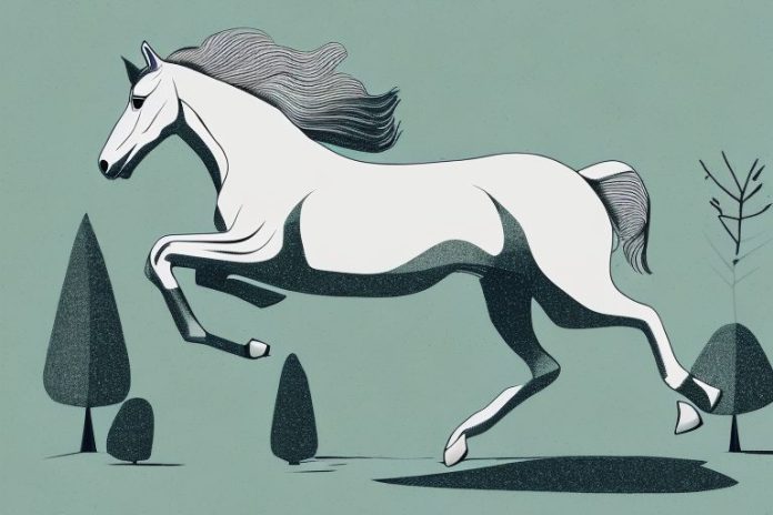 A trakehner horse galloping through a pinetown landscape