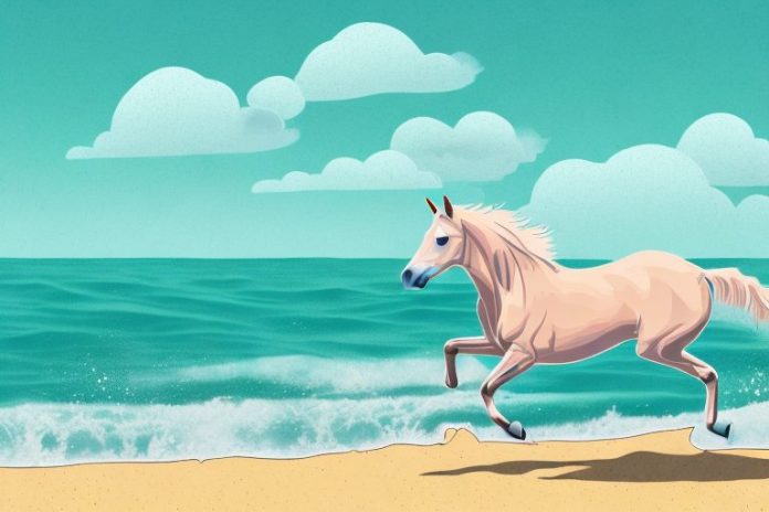 A trakehner horse galloping through a beach landscape in umhlanga