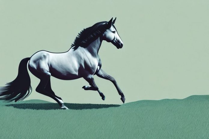 A trakehner horse galloping through a rural landscape