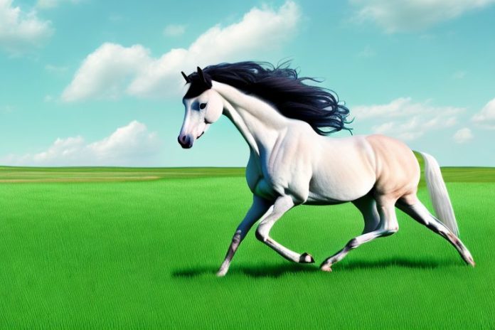 A trakehner horse galloping through a grassy field in harrismith
