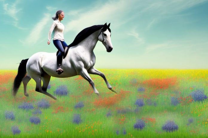 A trakehner horse galloping through a field of wildflowers in ficksburg