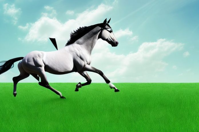 A trakehner horse galloping through a grassy field in vanderbijlpark