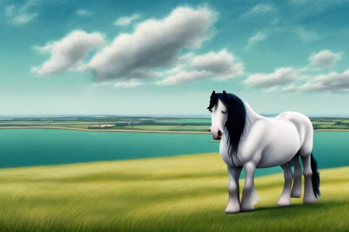 A shire horse in a field with a view of the port alfred coast in the background