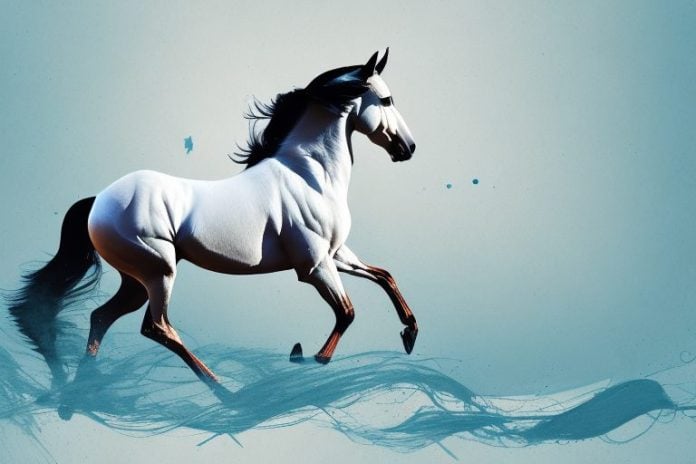 A trakehner horse galloping through a white river