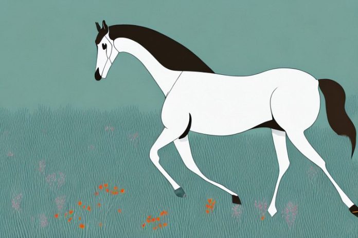 A trakehner horse in a field of springbok