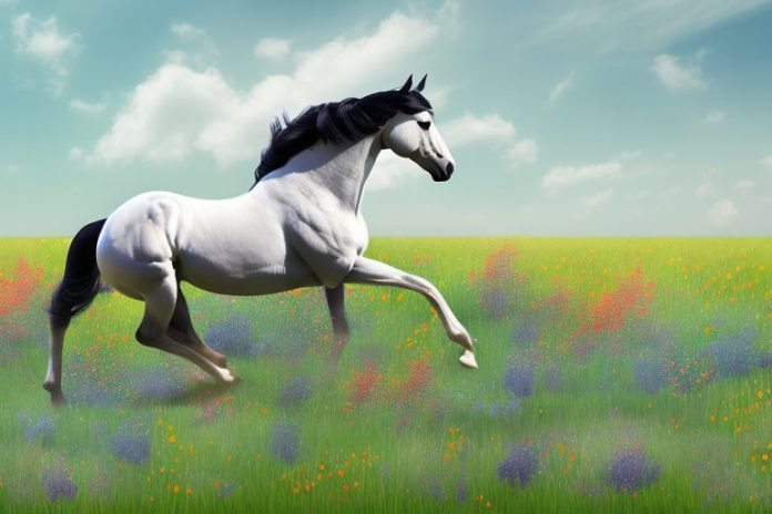 A trakehner horse galloping through a field of wildflowers in prieska