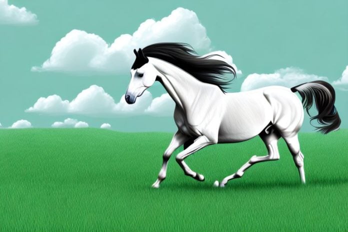 A trakehner horse galloping in a grassy field in the north west