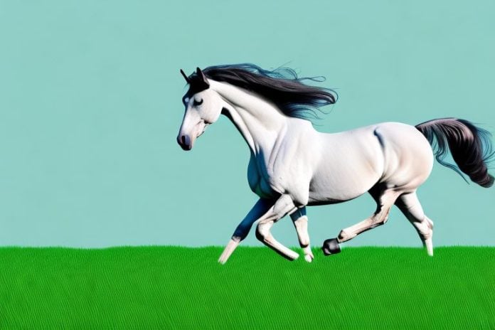 A trakehner horse galloping in a grassy field