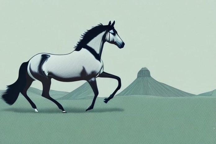A trakehner horse galloping through a scenic landscape in orkney