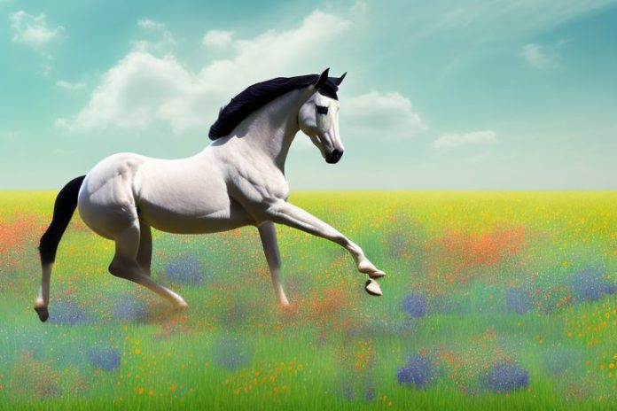 A trakehner horse galloping through a field of wildflowers in vryburg