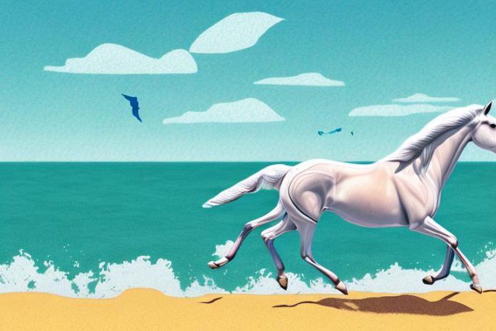 A trakehner horse galloping across the beach in mossel bay
