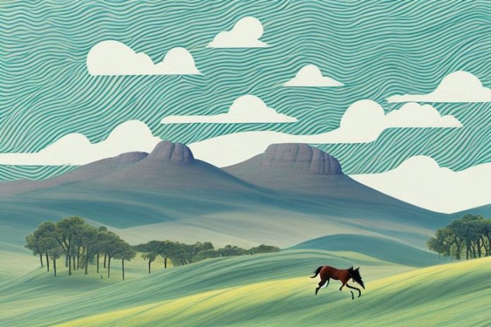 A trakehner horse galloping through a landscape of rolling hills and mountains in oudtshoorn