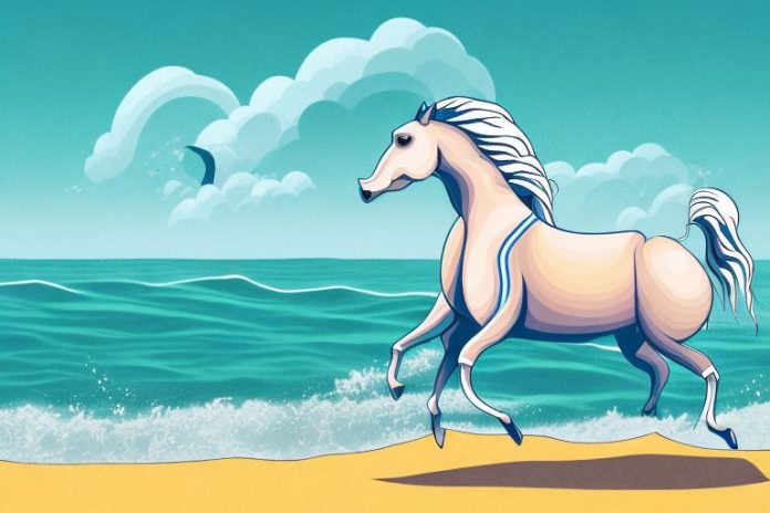 A kathiawari horse galloping through a beach landscape in durban
