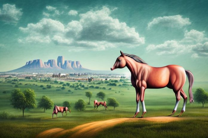 A kathiawari horse in a rural landscape with a view of sasolburg in the background