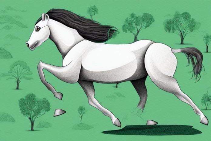 A kathiawari horse galloping through a lush green landscape in parys
