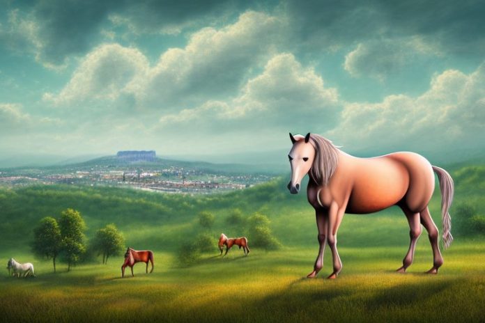 A kathiawari horse in a rural landscape