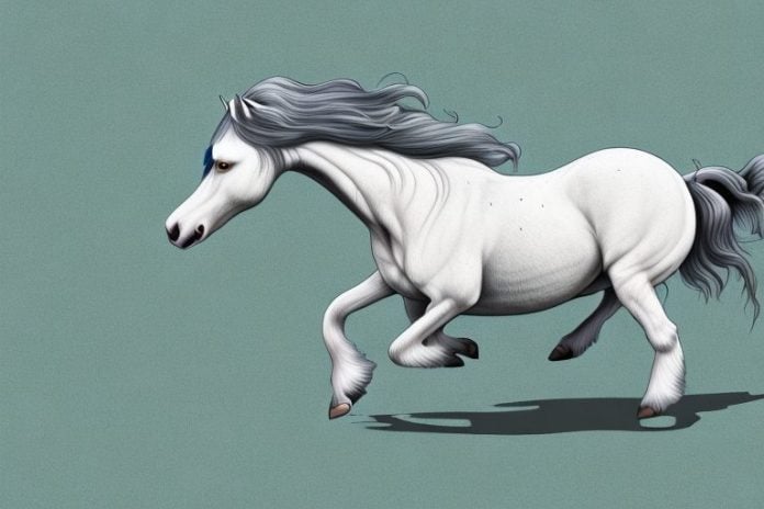 A majestic shire horse galloping through a rural landscape