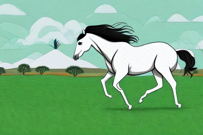 A horse galloping through a grassy landscape in musina
