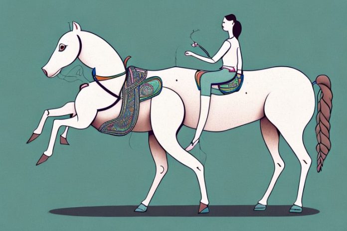 A kathiawari horse in a rural setting with a rider on its back