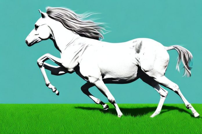 A kathiawari horse galloping through a grassy field in delmas
