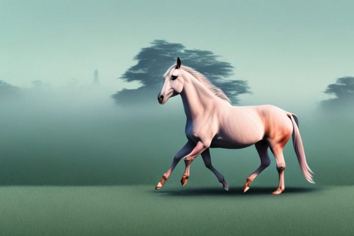 A kathiawari horse galloping through the hazy landscape of hazyview