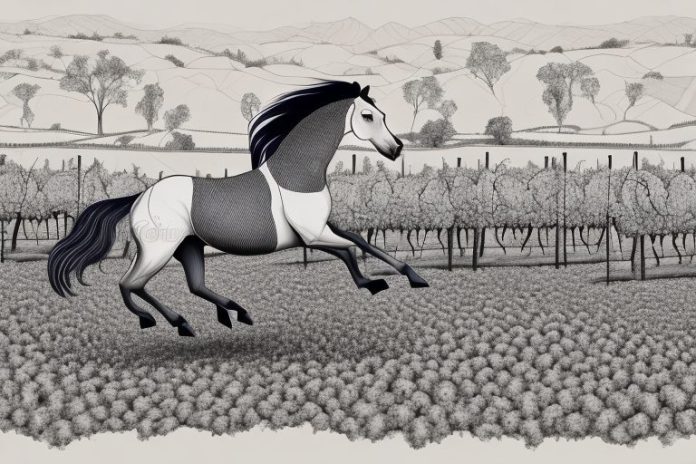 A kathiawari horse galloping through a vineyard in stellenbosch