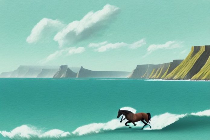 A horse galloping through a coastal landscape
