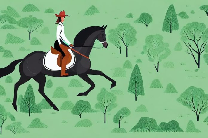 A horse and rider galloping through a lush