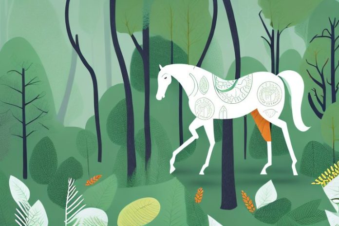 A horse in a forest setting with trees