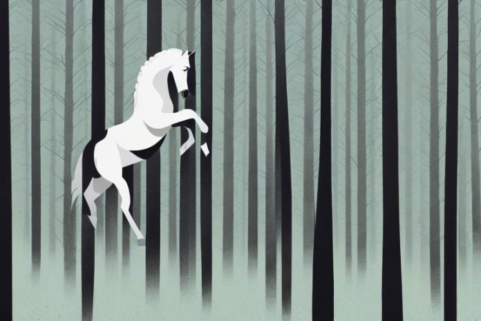 A horse galloping through a forest of tall black trees