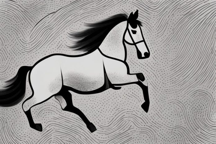 A horse and rider galloping through a black forest