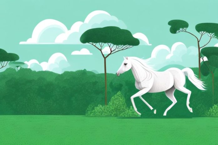 A horse galloping through a lush forest with a backdrop of the amanzimtoti coastline
