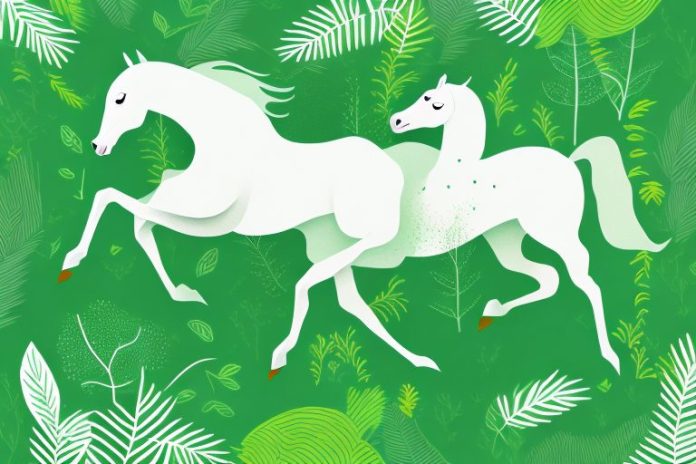 A horse galloping through a lush