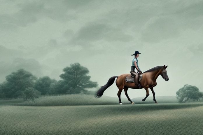 A horse and rider in a rural landscape