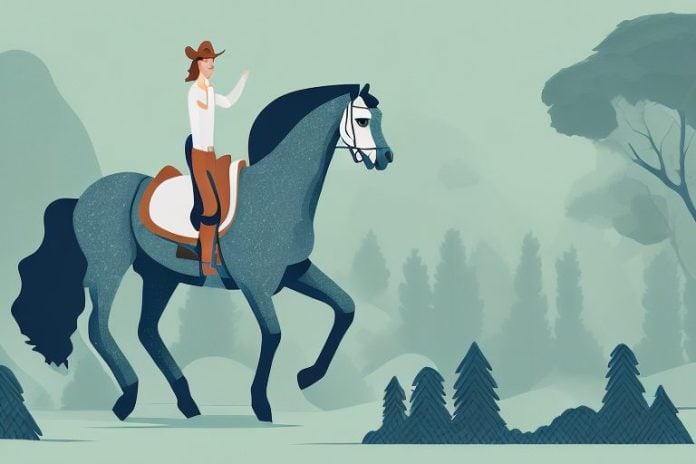 A horse and rider in a scenic forest setting