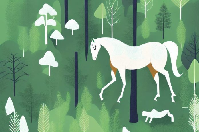 A horse in a forest with trees and foliage
