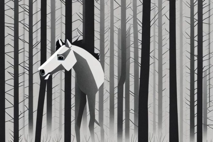 A horse galloping through a forest of tall black trees