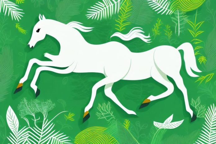 A horse galloping through a lush