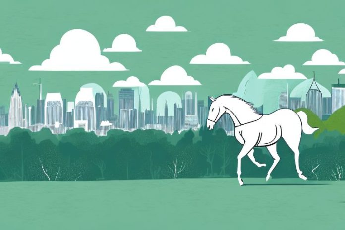 A horse galloping through a forest with a backdrop of the port elizabeth skyline