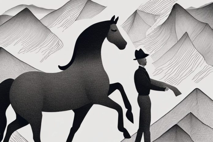 A horse and rider in the black forest landscape