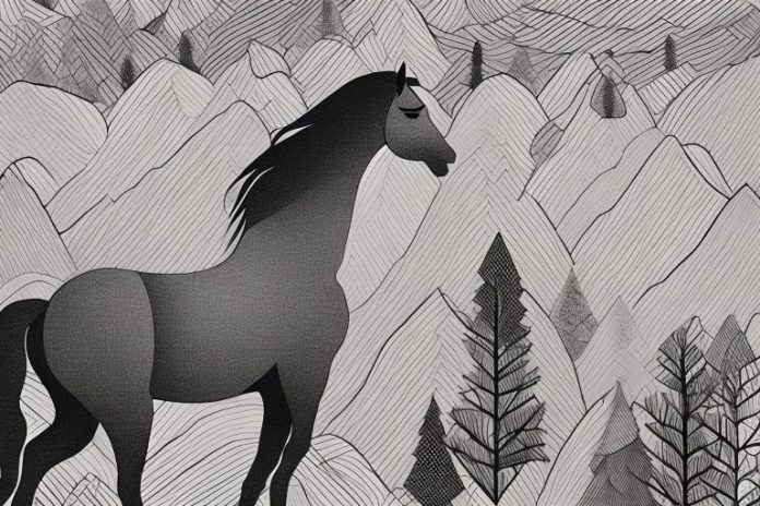 A horse in a black forest landscape