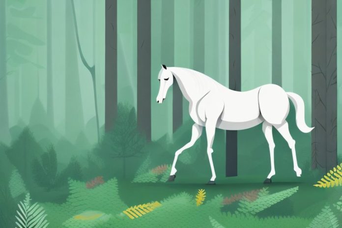 A horse in a forest setting with trees