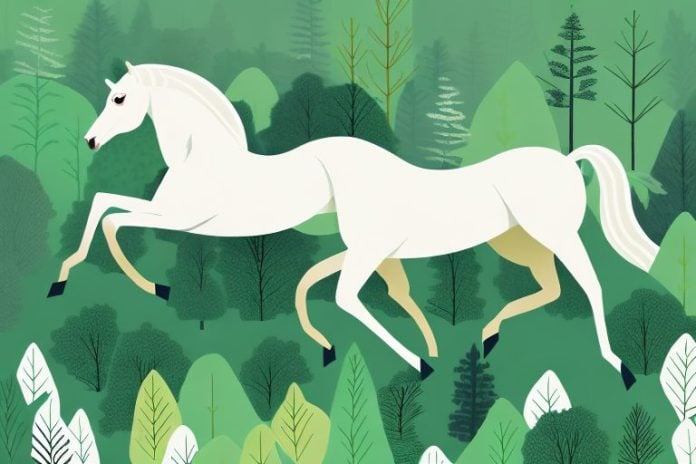 A horse galloping through a forest with trees and foliage in the background