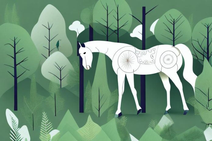 A horse in a forest with trees