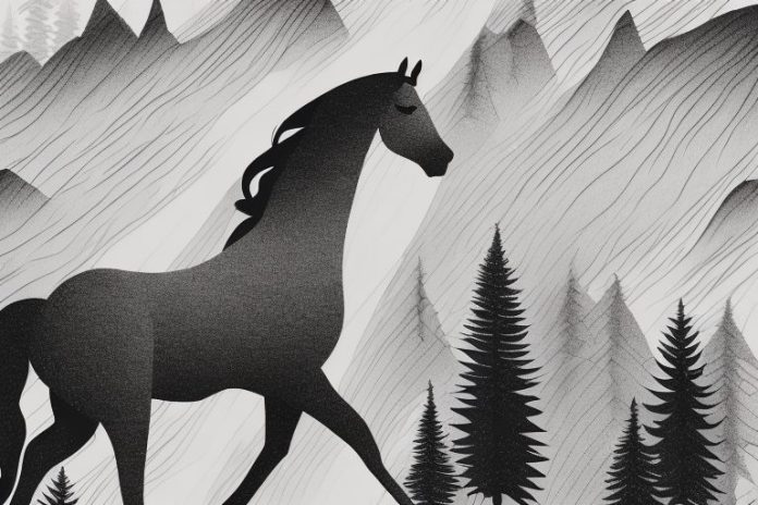 A horse in a black forest landscape